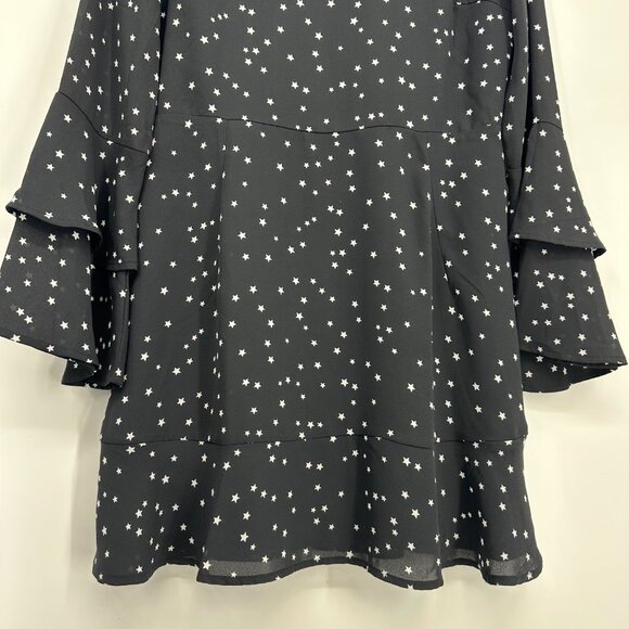 Lucky Brand Star Print Mini Dress M Long Bell Sleeves A Line Black - Picture 7 of 12